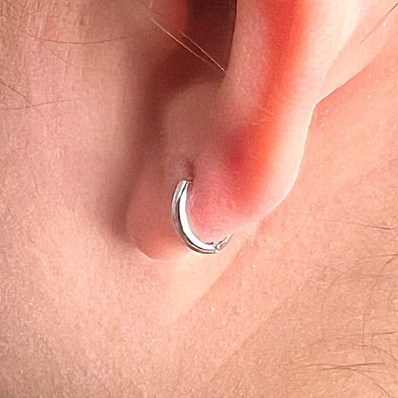 14k White real Gold 2mm Thickness Hoop Huggies Earrings (10 x 10 mm) | - Picture 3 of 9